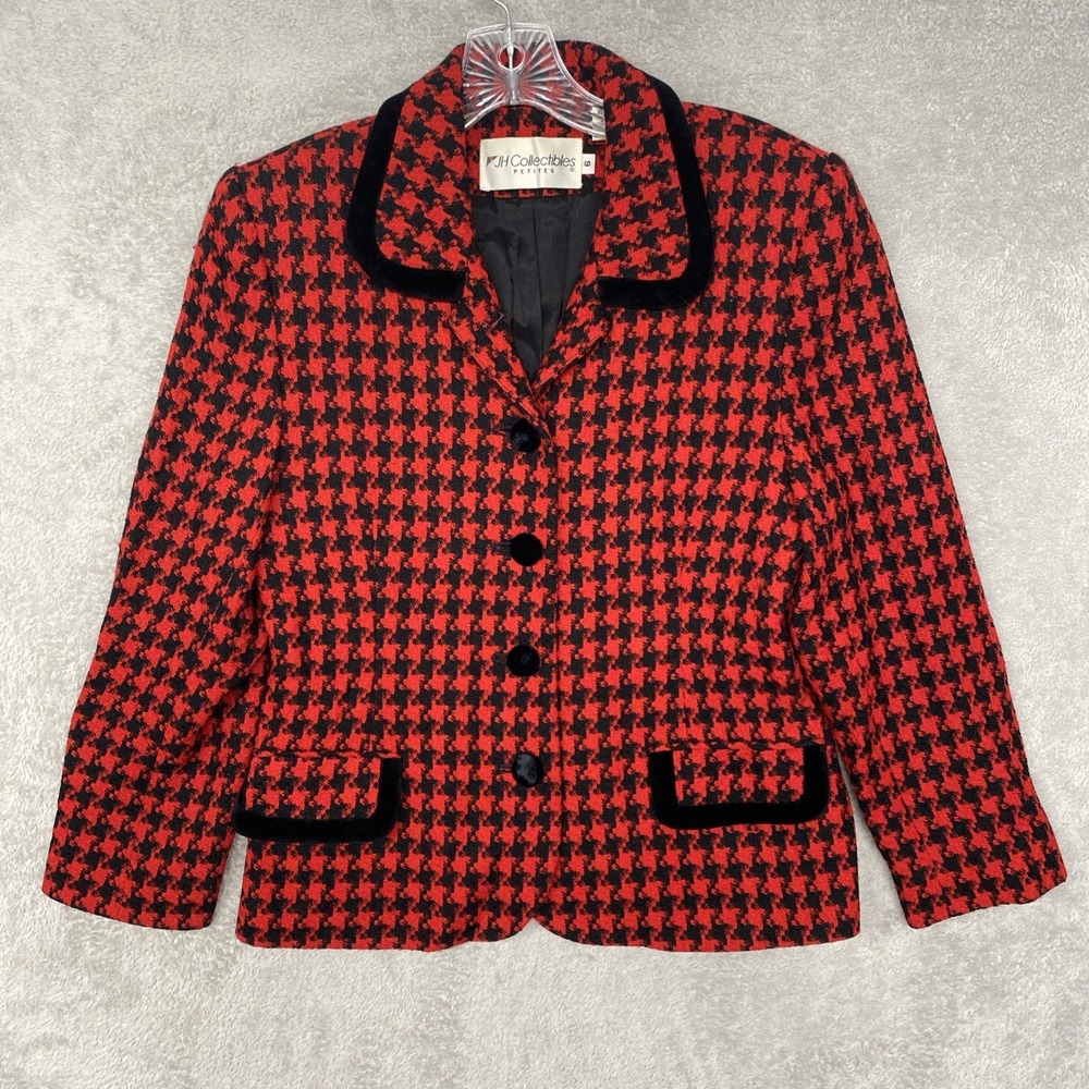 Vintage JH Collectibles Womens Blazer 6 Petite Red Wool union made USA Houndstoo